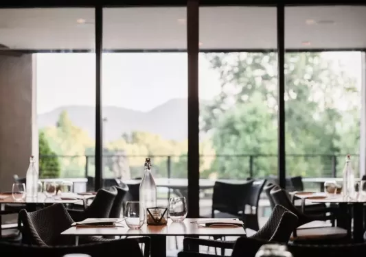 Hotel dining room with large windows