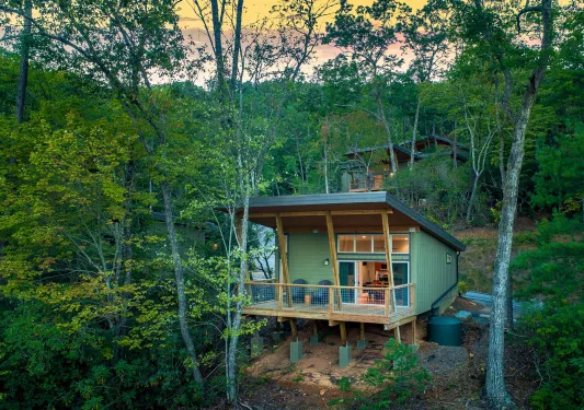 Exterior view of green cabin in the middle of a forest