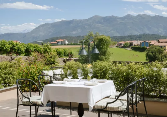 Square dining table outdoors looking out to a field of grass