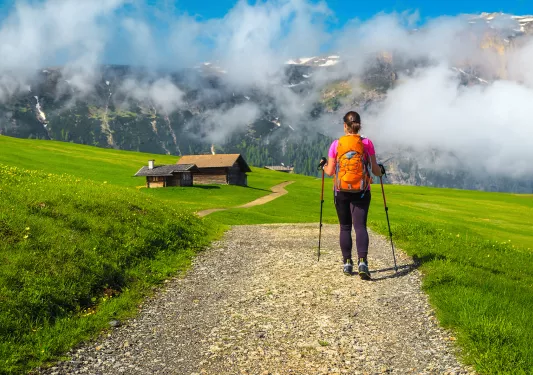 Woman with walking poles, trekking through a grassy valley