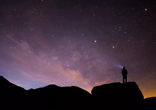 Person standing on a boulder, looking into the starry, night sky