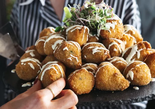 Person holding a large plate of fried food