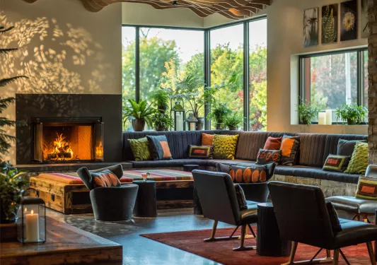 Corner room with large windows and cushioned seats