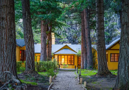 Large, yellow building in the middle of a forest, with rows of tall trees in front