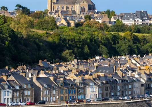 Rows of houses and a large building on top of a hill