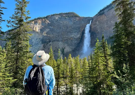 Man standing in a forest, looking towards a large cliff with active waterfall