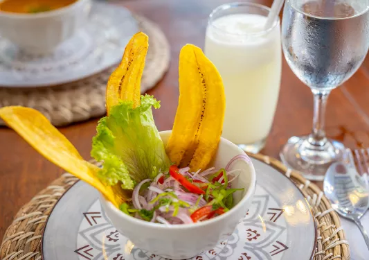 Small bowl of vegetables with three large plantain chips