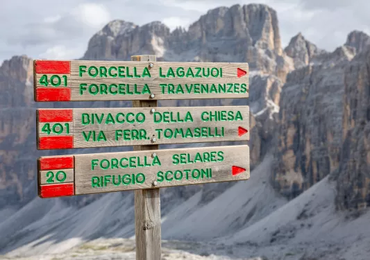 Wooden signs on top of a mountain with larger mountains in the background