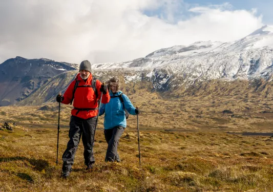 Man and woman with hiking poles, walking in an open valley