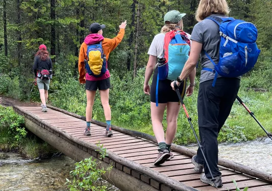 Group of women each wearing backpacks and hiking in the middle of a forest