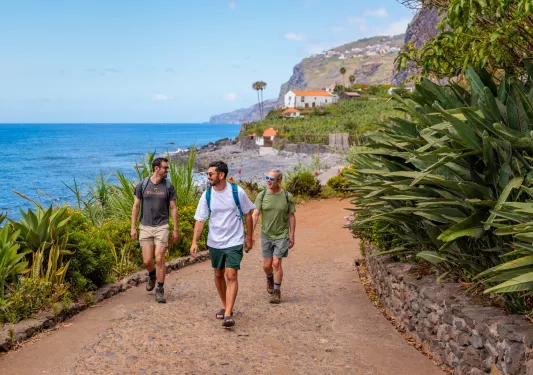 Three men smiling while walking on a stone path, surrounded by plants and the ocean in the background