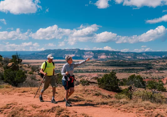 Man and woman with walking poles on a dirt trail, pointing out to tall mountains