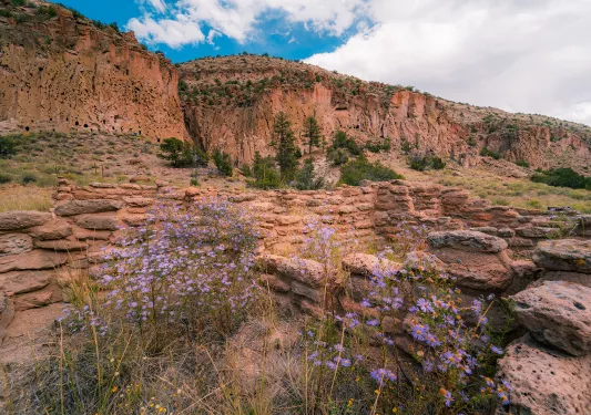 Ruins of a stone and brick building in the middle of a grassy valley