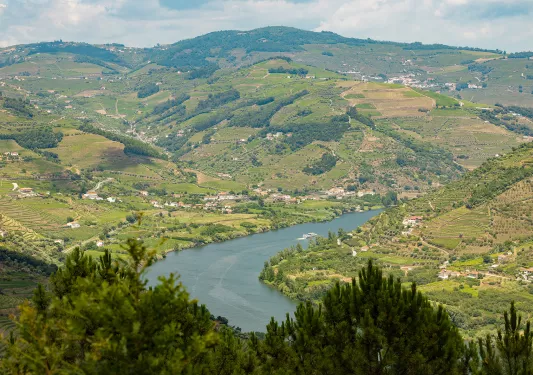 Sky view of a large valley of hills and houses