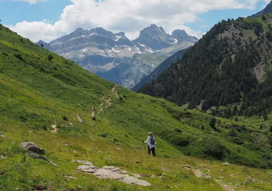 Woman ascending a grassy hill, looking out towards tall mountains and hills