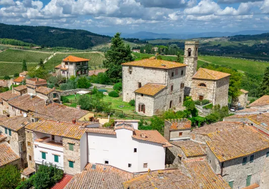 Sky view of rustic beige houses in a village, with crop fields in the distance