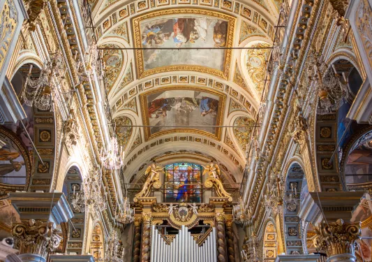 View of church mosaic ceilings with large pillars