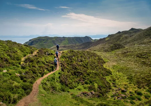 Group of people hiking a dirt trail over grassy hills