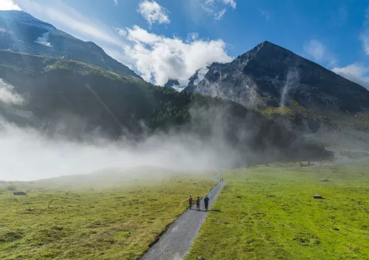 backroads guests walk down a path towards a mountain