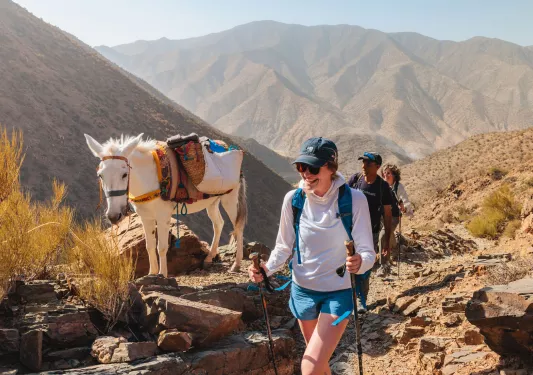 Group of people smiling while hiking next to a white horse
