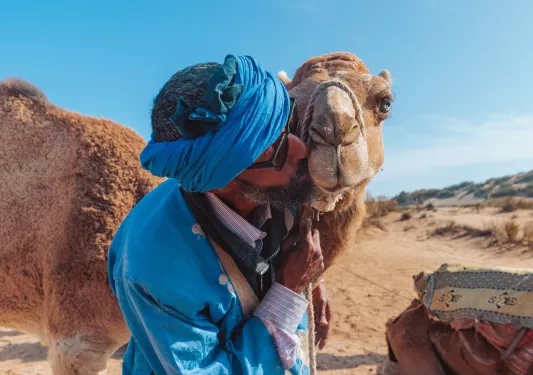 Man kissing a camel on the cheek