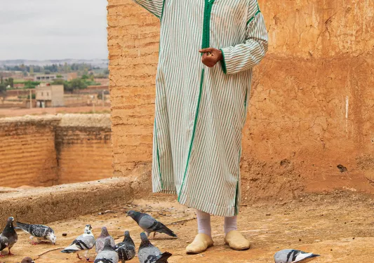 Man holding his arm up while a white bird flies by