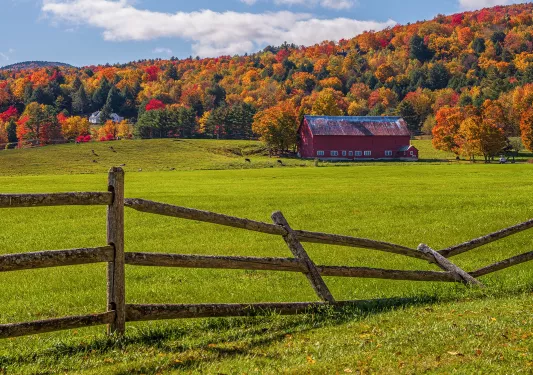 Large grass field with a red barn in the distance