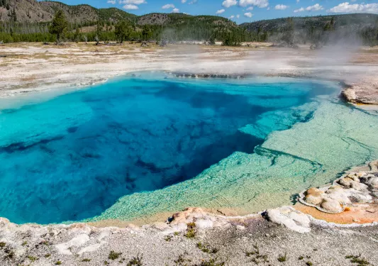 Geyser with clear blue water and steam surrounding the area