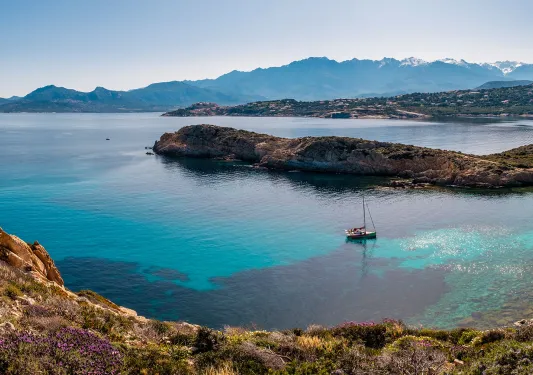 Lake shore with a boat floating in the water
