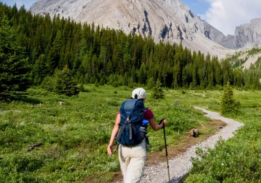 Woman with a backpack and hiking pole, walking on a gravel trail in a large valley