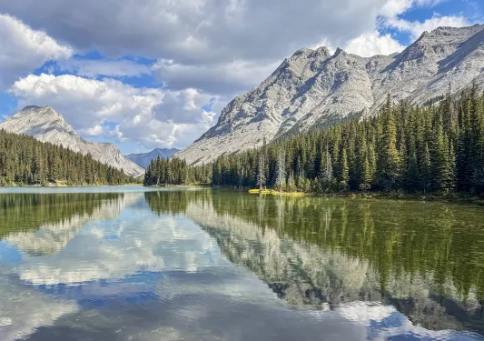 Large lake surrounded by tall trees and mountains in the background