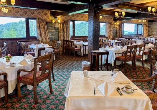Restaurant dining area with square tables and wooden chairs
