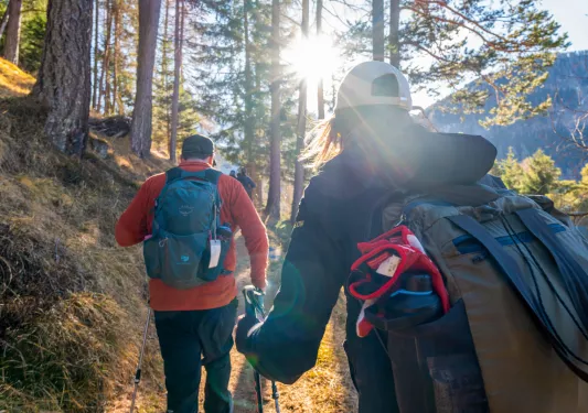 Man and woman hiking on a trail with tall trees and sunlight in the distance