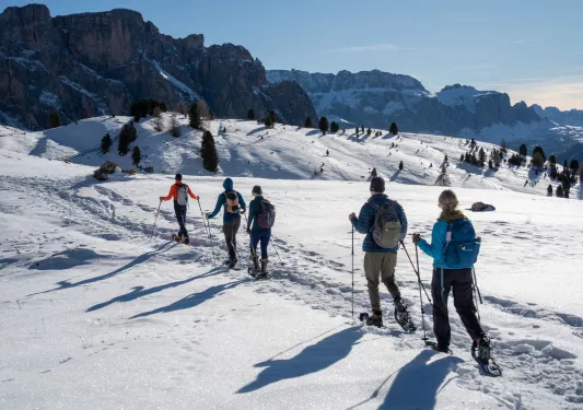 Group of hikers walking through a snowy valley with tall mountains in the distance