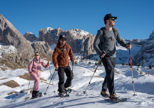 Two men and one woman smiling while hiking on a snowy valley, with hiking poles and snow shoes