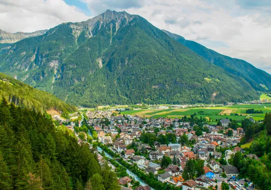 Town surrounded by a forest and grassy mountains