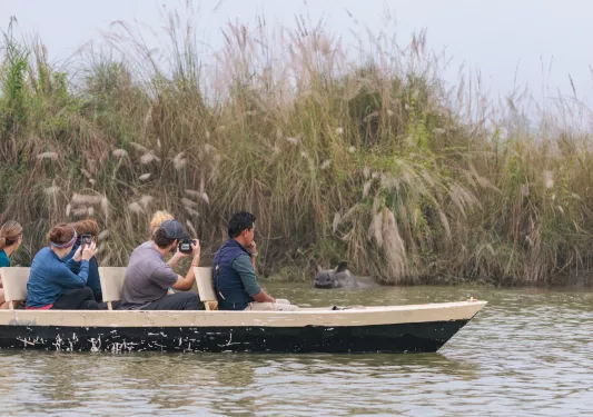 Group of people on a boat in a marsh, with people taking photos of a rhino in the water