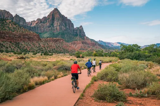 Back shot of bikers riding alongside mountain formations