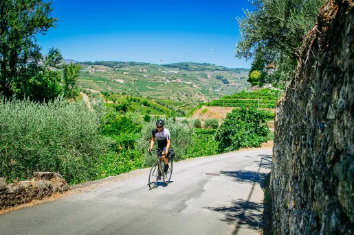 Biker riding on a road along the Douro River.