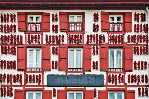 Red Espelette Peppers Drying in the Wall of a Traditional Basque House in Espelette Village, Basque Province of Labourd, France