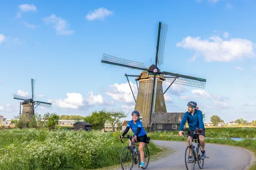 Guests riding past windmills