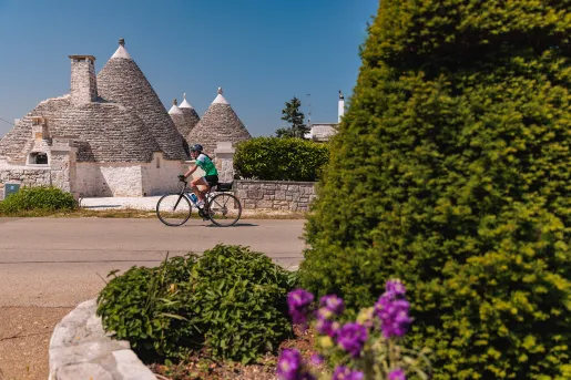 Guest biking in Alberobello, large bush obscuring half the shot.
