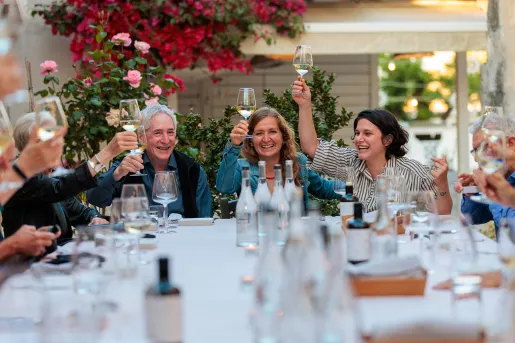 Group of guests at meal, toasting wine glasses.