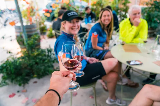 Guests cheersing wine glasses, POV shot.