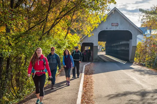 Group of guests walking over roofed-bridge.