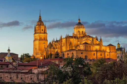 Wide shot of the Salamanca Cathedral at nighttime, light illuminating it.