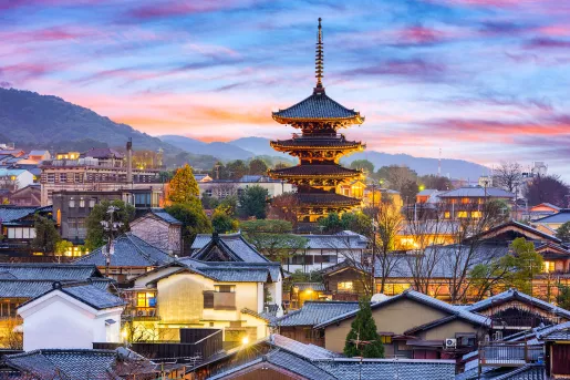 Japanese city of Kyoto at sunset