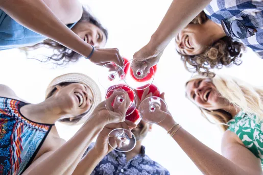 Five guests cheersing glasses of red wine.