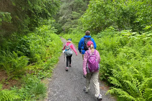 Three guests hiking down forested trail.