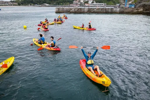 Group of guests in kayaks, one raising paddle over head, coast behind them.